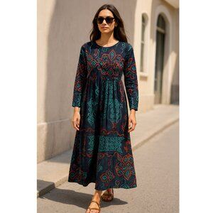 Organic Moroccan Tribal Patterned Maxi Dress with Pockets